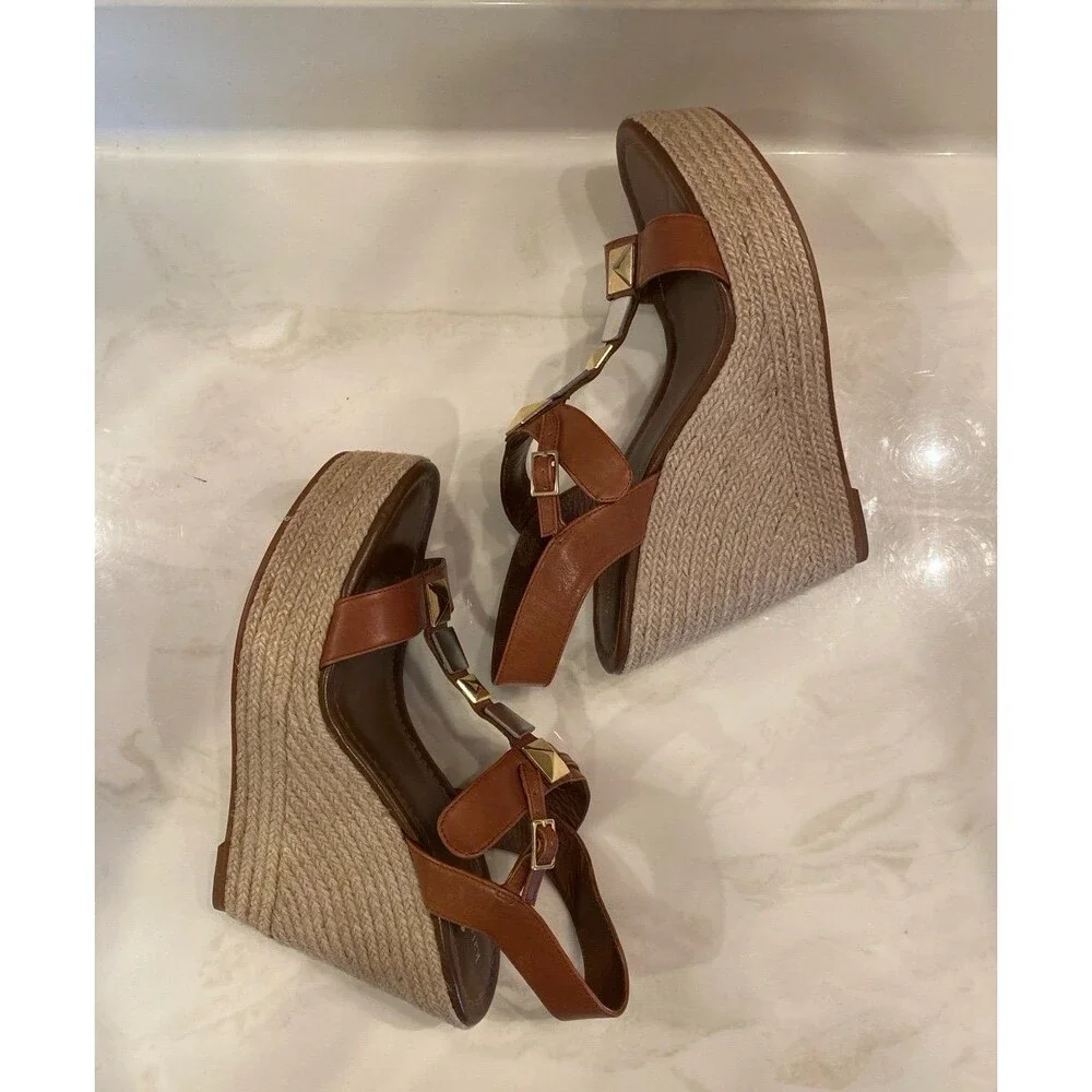 Kate Spade Studded Espadrille Platform Wedge Sandals Brown Leather Size 10 - Picture 12 of 12